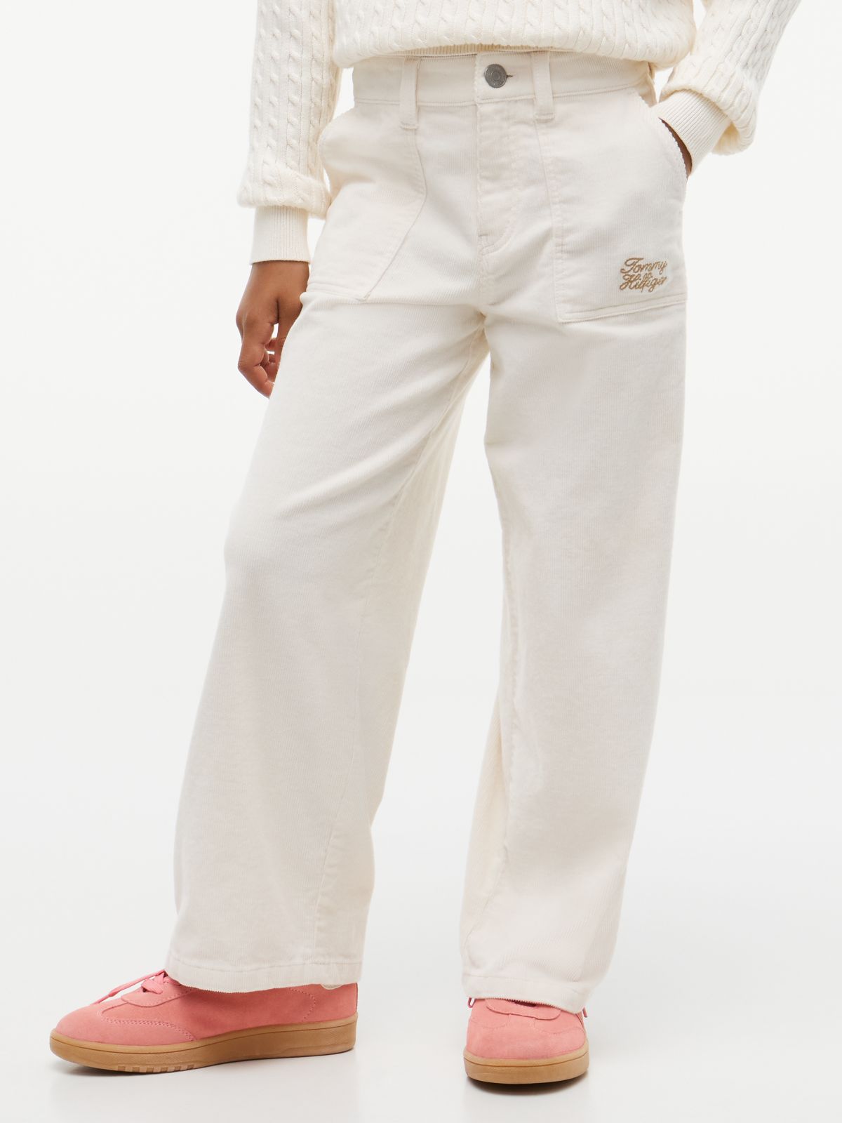 Corduroy Patch Pocket Straight Trousers — White