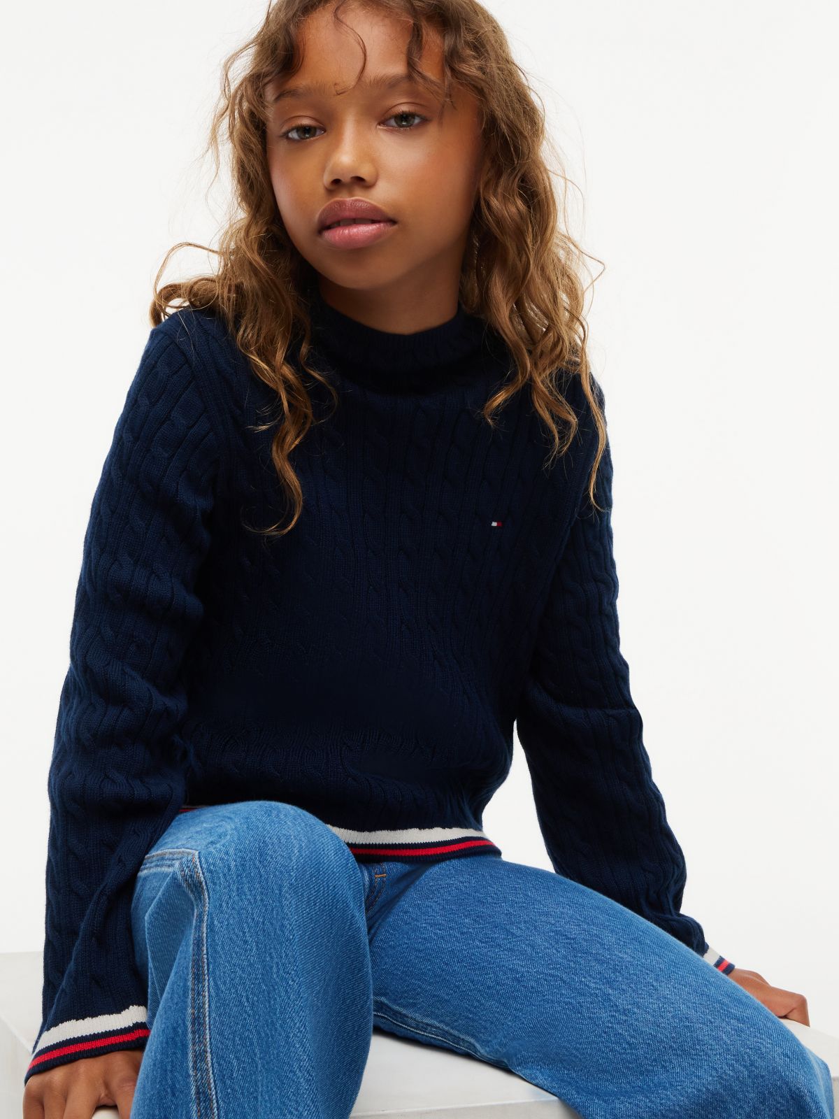 Cable Knit Slim Mock Neck Jumper — Blue
