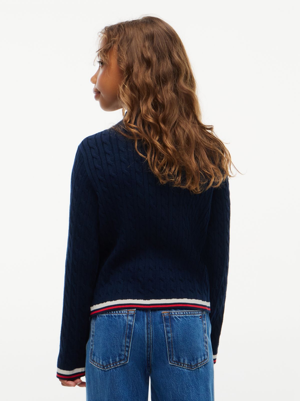Cable Knit Slim Mock Neck Jumper — Blue