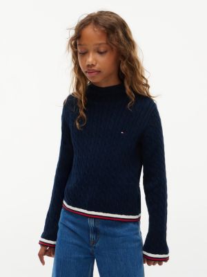 blue cable knit slim mock neck jumper for girls tommy hilfiger
