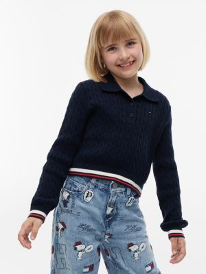 blue slim cable knit polo jumper for girls tommy hilfiger