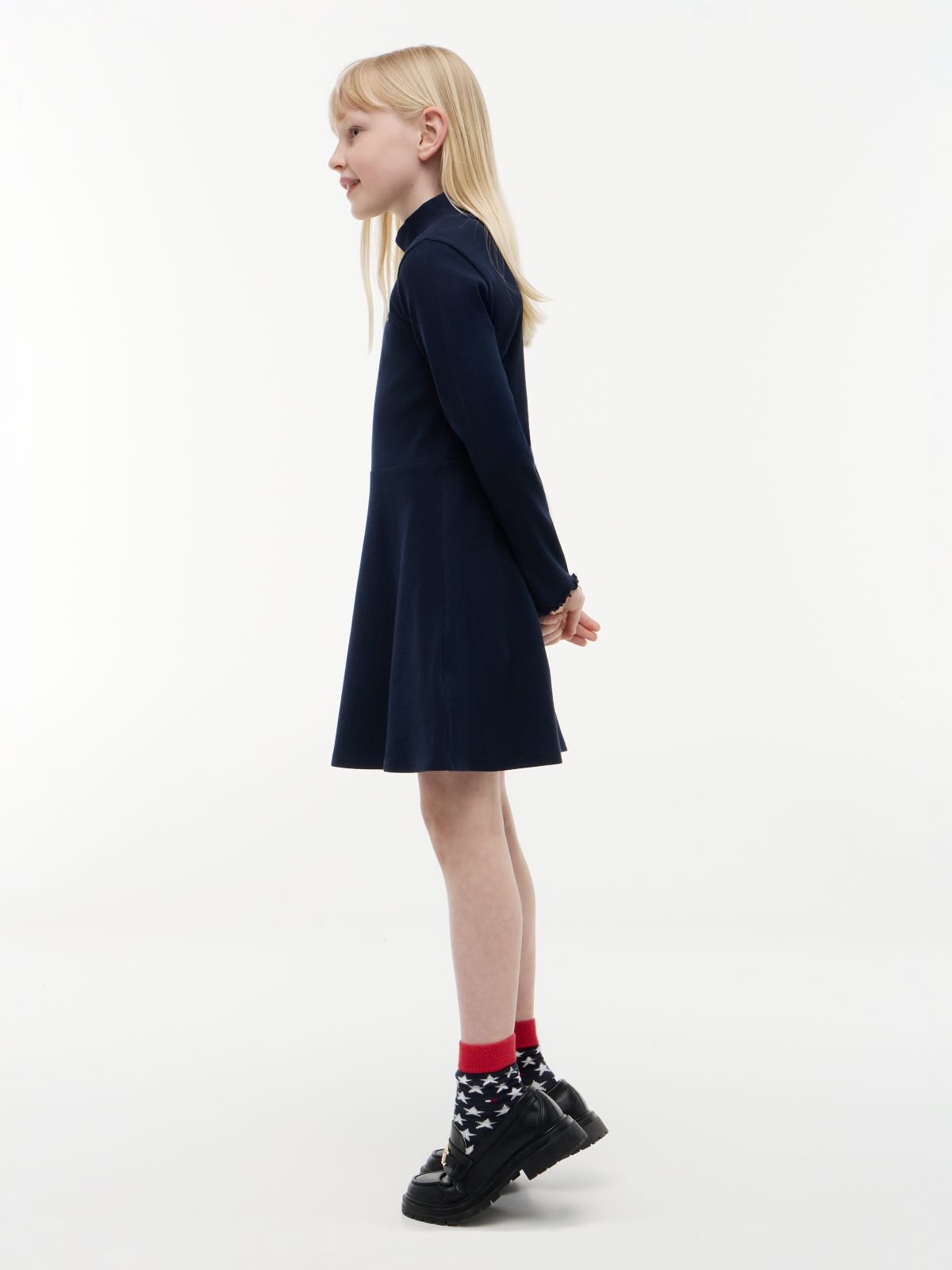 Essential Ribbed Mock Neck Skater Dress — Blue