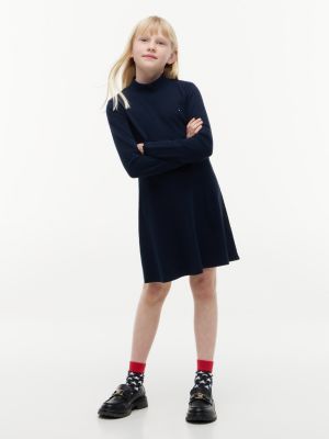 blue essential skater-kleid aus rippstrick mit mock neck für mädchen - tommy hilfiger
