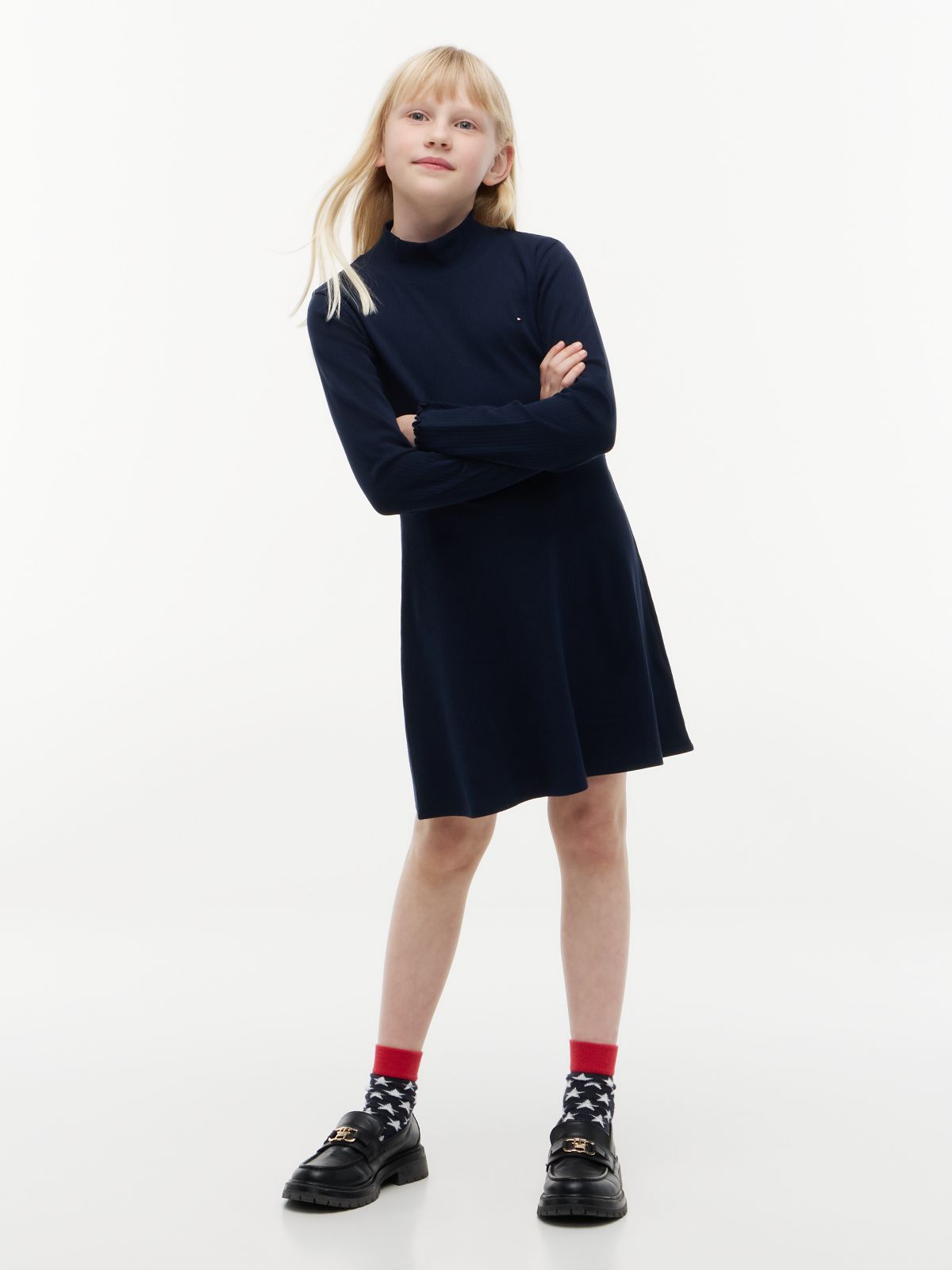 Essential Ribbed Mock Neck Skater Dress — Blue