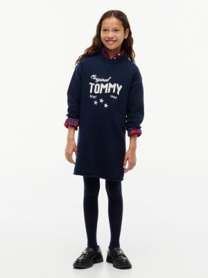 blue luźna sukienka dzianinowa z wrabianym logo dla dziewczynki - tommy hilfiger