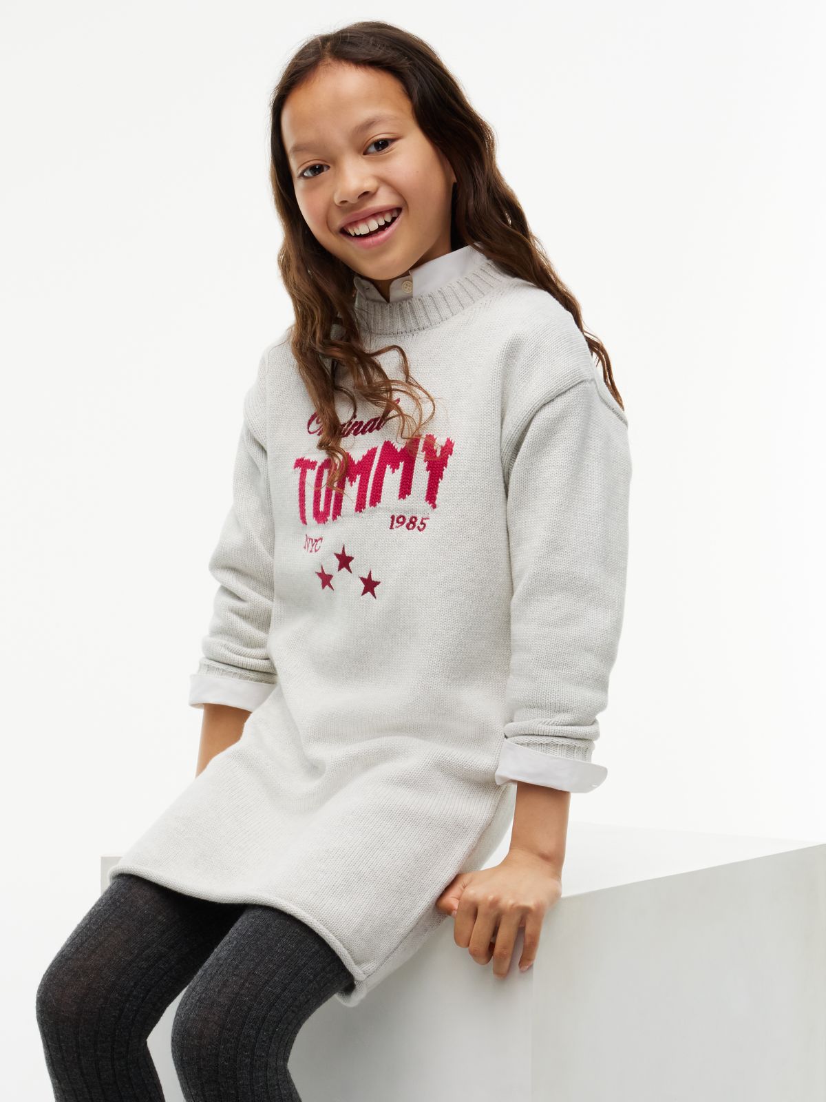 Intarsia Logo Relaxed Jumper Dress — Grey