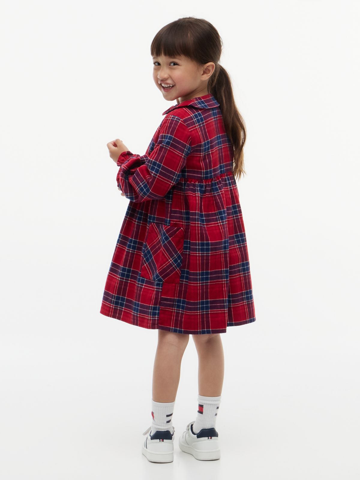 Check Flag Embroidery Ruffle Cuff Dress — Red