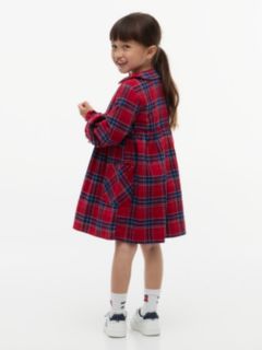 Check Flag Embroidery Ruffle Cuff Dress — Red 4