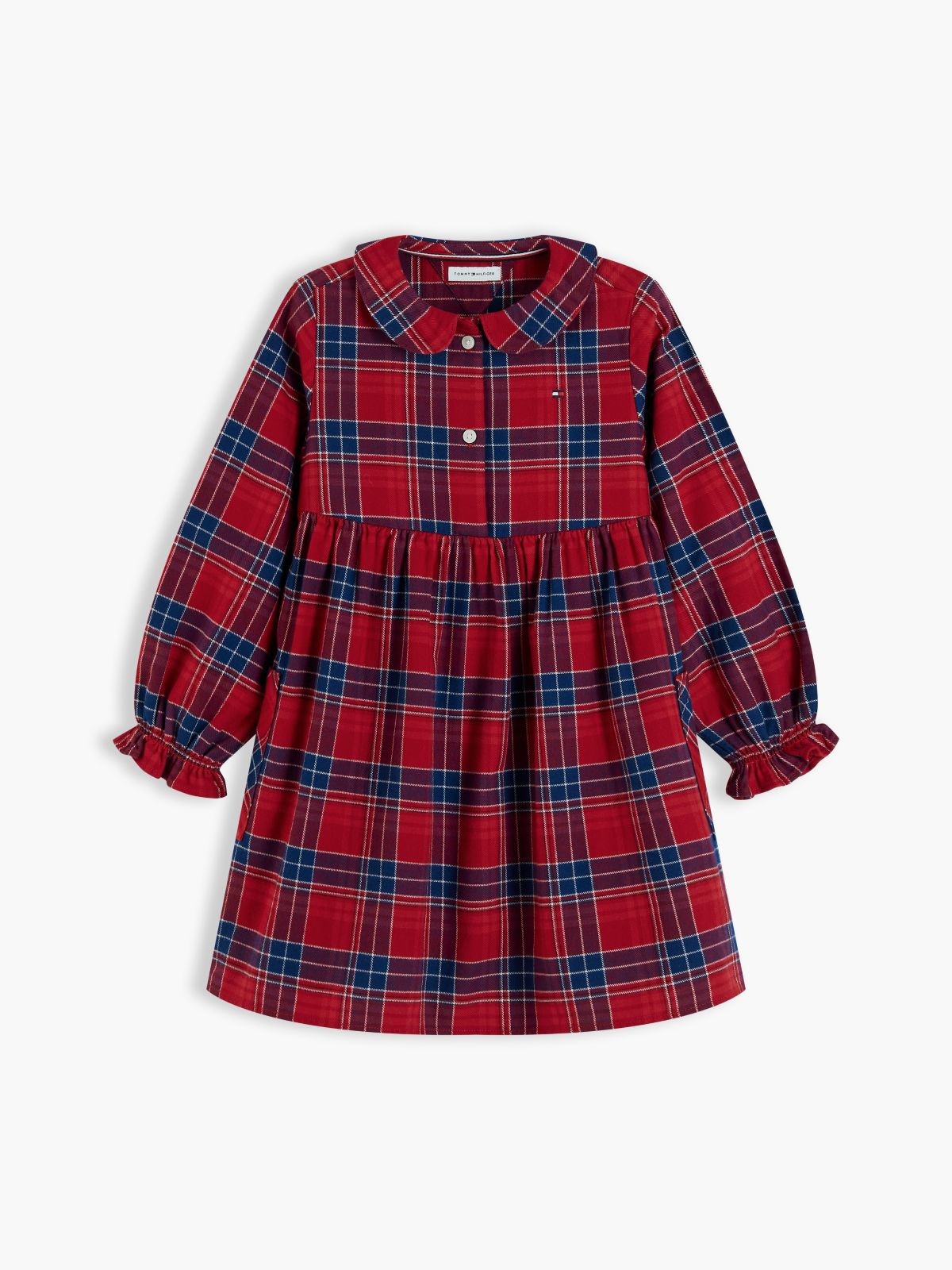 Check Flag Embroidery Ruffle Cuff Dress — Red