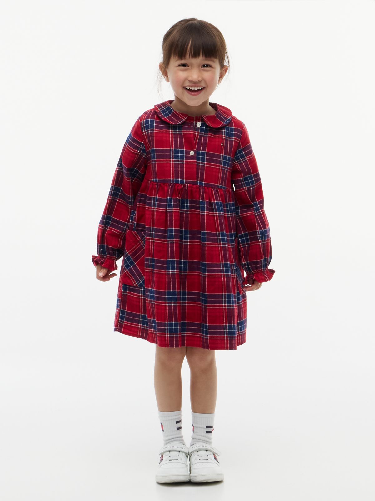 Check Flag Embroidery Ruffle Cuff Dress — Red
