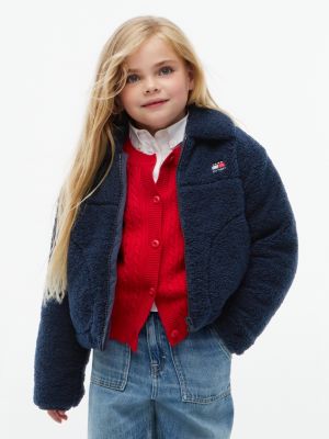 blue logo teddy relaxed zip-thru jacket for girls tommy hilfiger