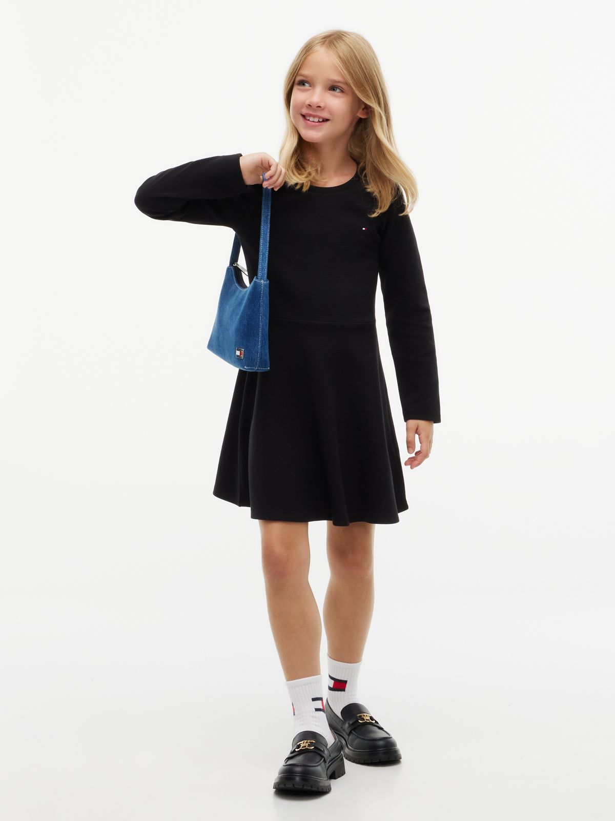 Essential Ribbed Long Sleeve Skater Dress — Black