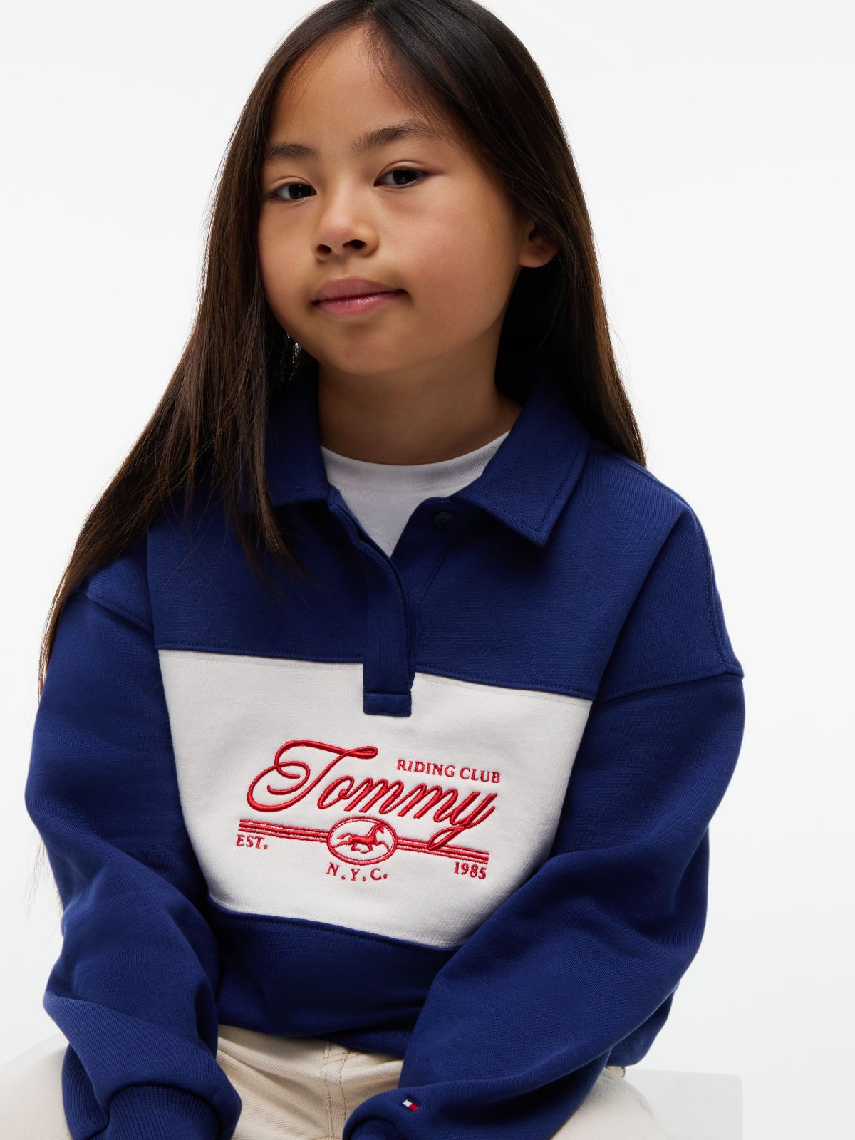 Relaxed Logo Embroidery Polo Sweatshirt — Blue