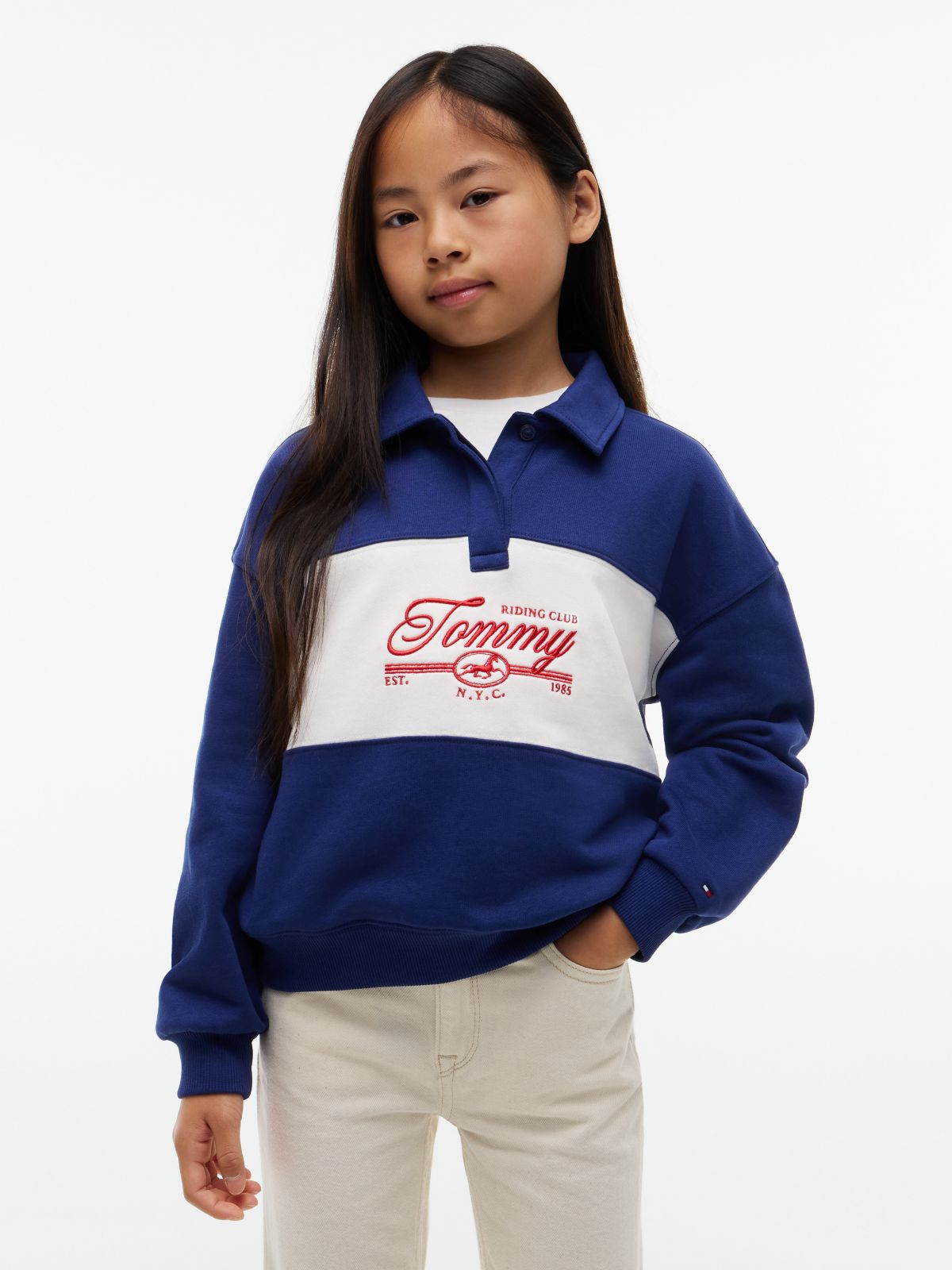 Relaxed Logo Embroidery Polo Sweatshirt — Blue