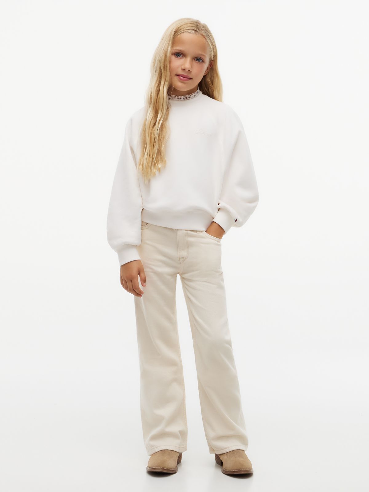 Flag Lace Trim Relaxed Sweatshirt — White