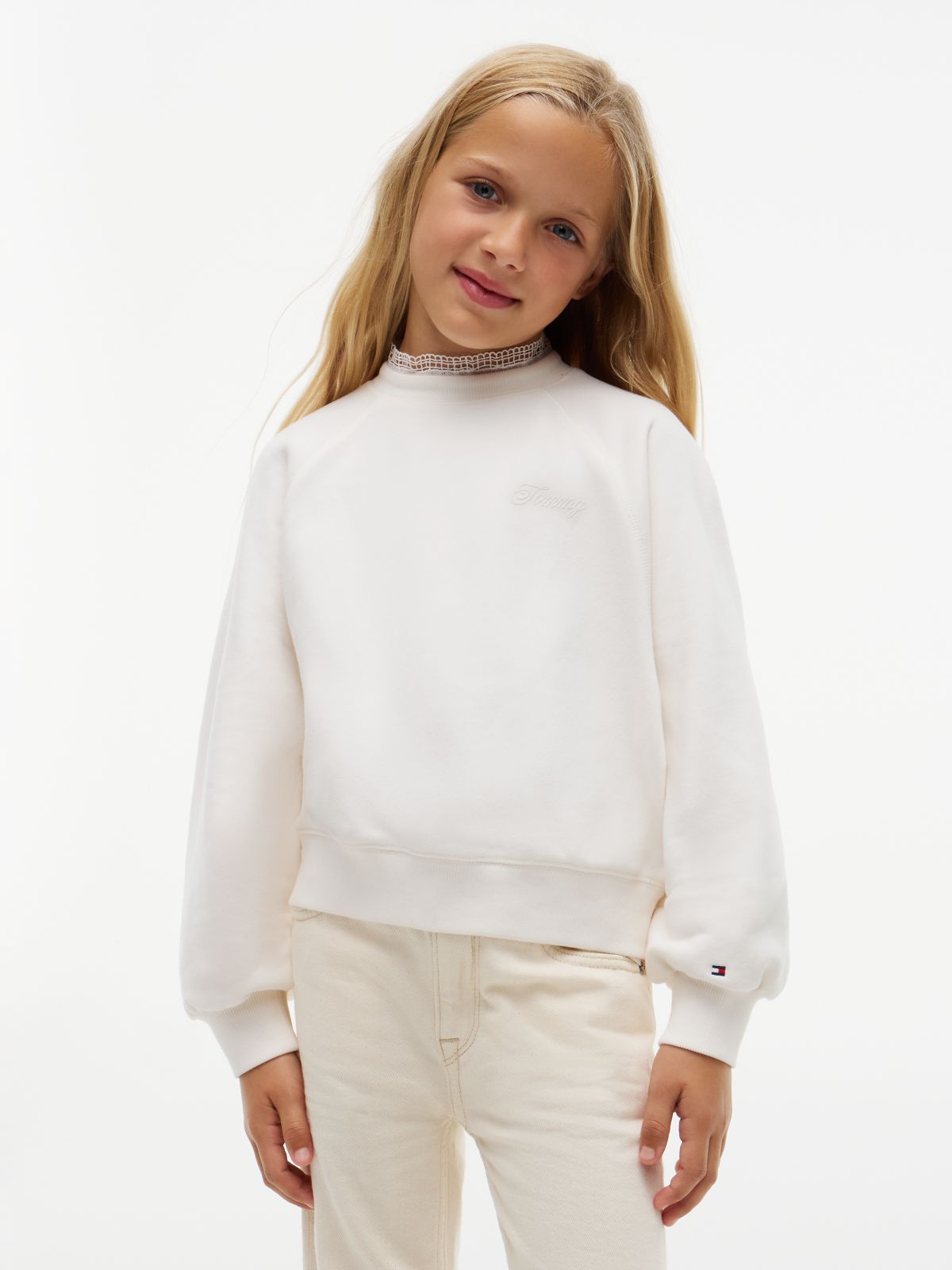 Flag Lace Trim Relaxed Sweatshirt — White