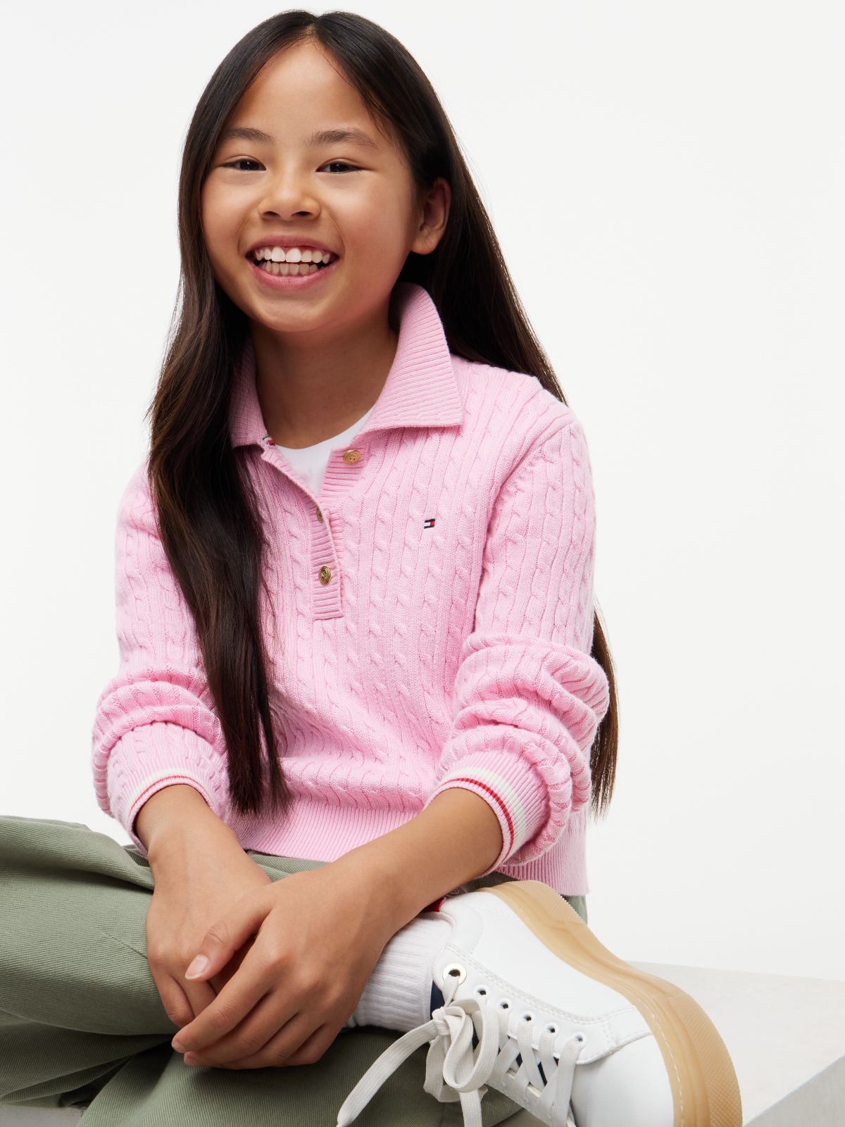 Cable Knit Polo Jumper — Pink