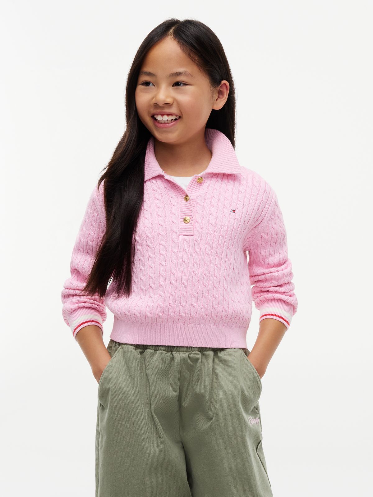 Cable Knit Polo Jumper — Pink