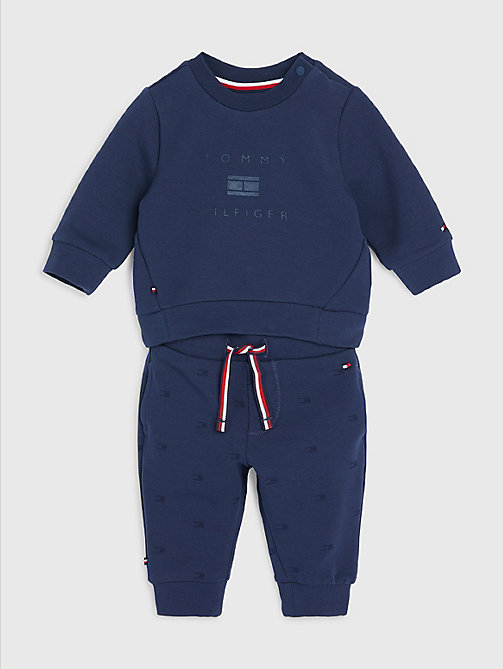 blue stretch organic cotton crewsuit 2-piece set for newborn tommy hilfiger