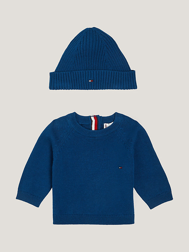blue essential rib-knit jumper and beanie gift box for newborn tommy hilfiger