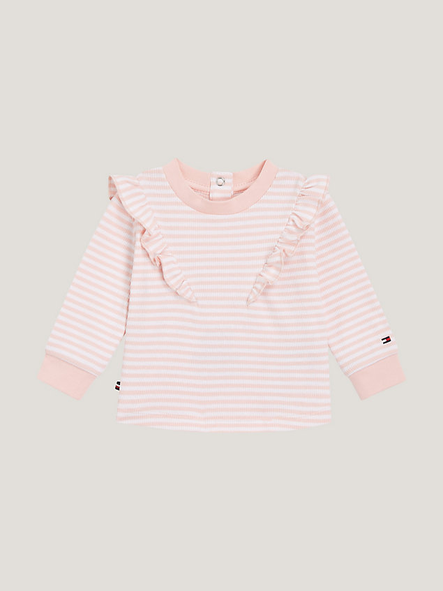 pink relaxed fit streifen-langarmshirt mit rüschen für newborn - tommy hilfiger