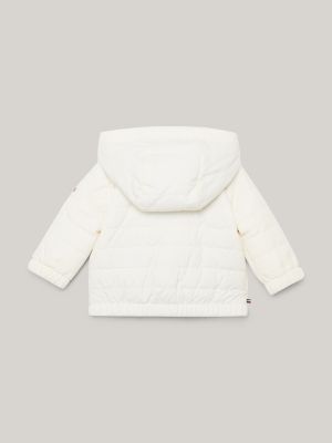beige wattierte kapuzenjacke mit ithaka-streifen für neugeborene - tommy hilfiger
