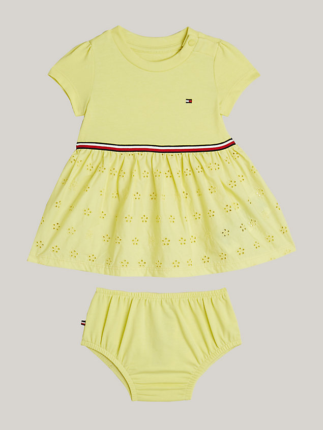 yellow broderie anglaise dress and briefs set for newborn tommy hilfiger