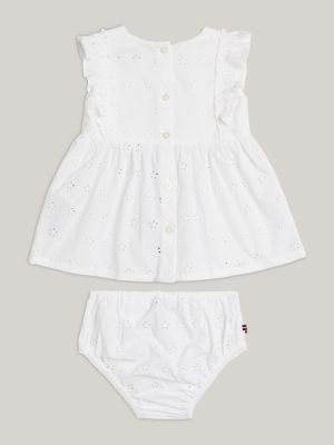white kurzarmkleid mit lochstickerei für neugeborene - tommy hilfiger