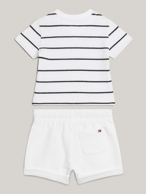 white essential set aus gestreiftem t-shirt und shorts für neugeborene - tommy hilfiger