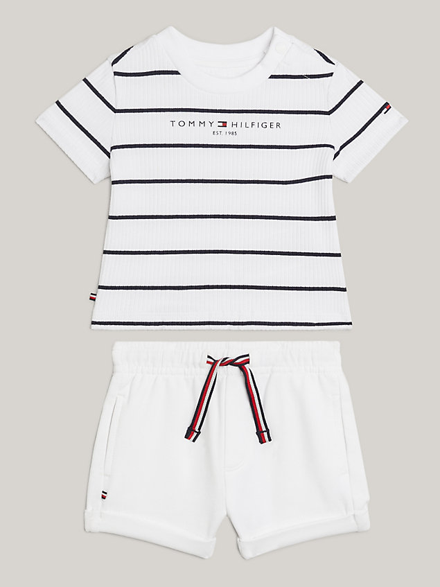 white essential stripe t-shirt and shorts set for newborn tommy hilfiger