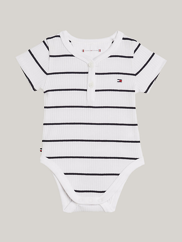 white ribbed stripe short sleeve bodysuit for newborn tommy hilfiger