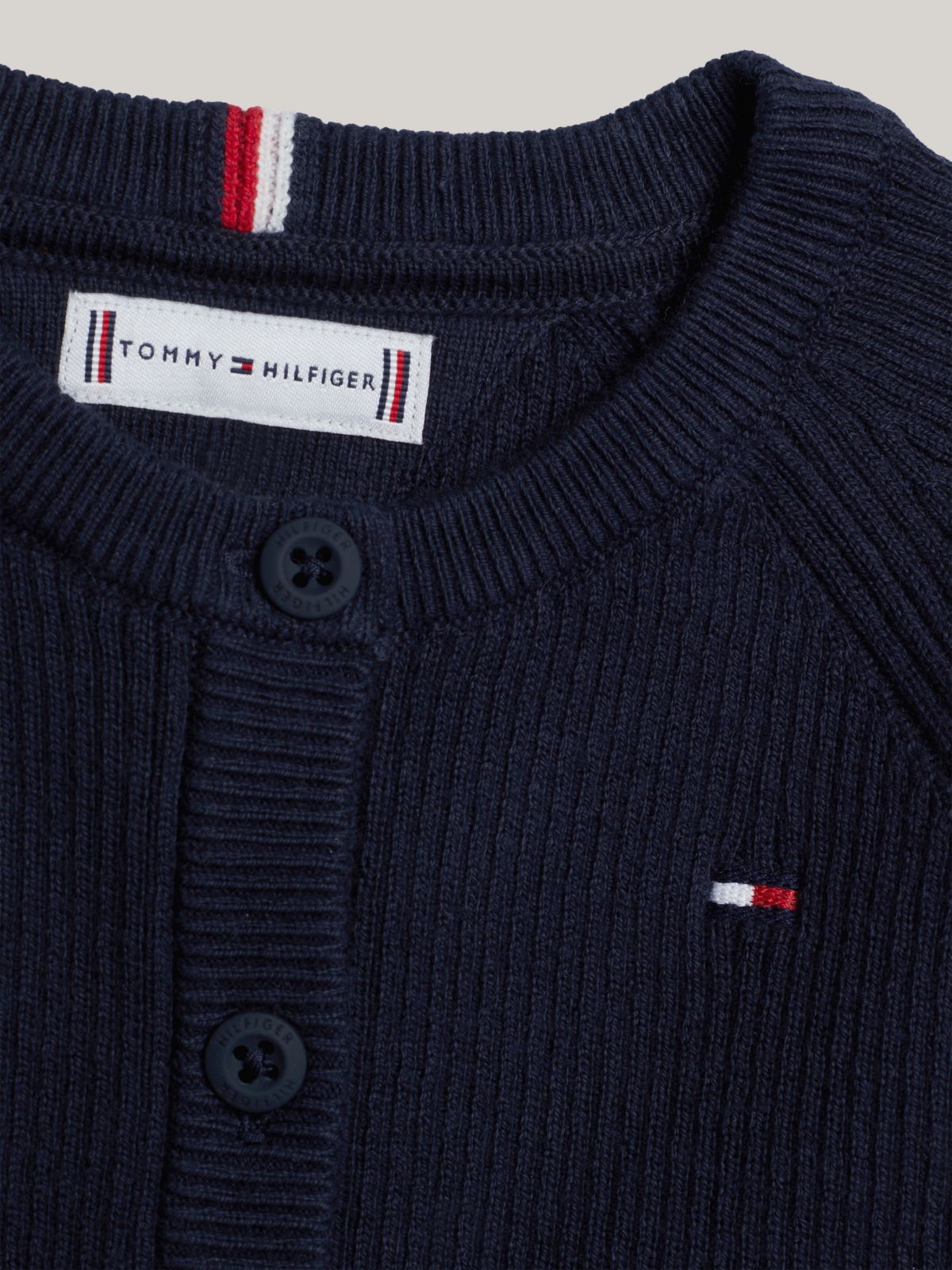 Essential Flag Embroidery Rib-Knit Cardigan — Blue