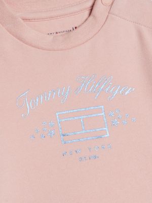 t-shirt a maniche lunghe con logo metallizzato rosa da neonato tommy hilfiger