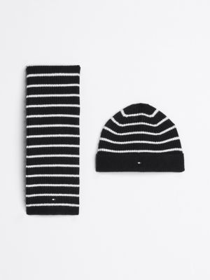 schwarz beanie und schal mit streifen als geschenkset für neugeborene - tommy hilfiger