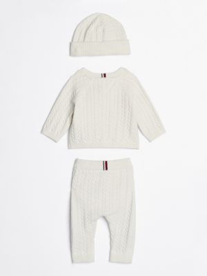 white cable knit three-piece gift set for newborn tommy hilfiger