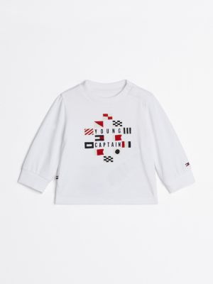 t-shirt a maniche lunghe con logo floccato white da neonato tommy hilfiger