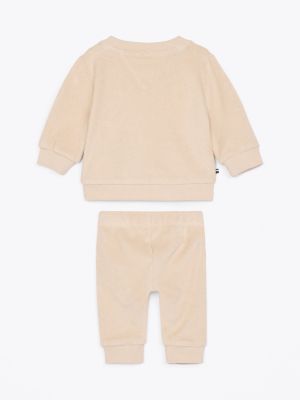 beige towelling sweatshirt and joggers set for newborn tommy hilfiger