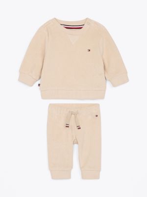 beige towelling sweatshirt and joggers set for newborn tommy hilfiger