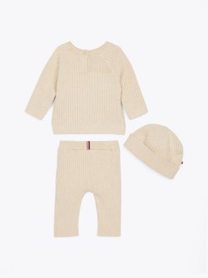 set regalo tre pezzi in maglia intrecciata beige da neonato tommy hilfiger