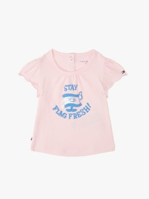 pink graphic frill sleeve t-shirt for newborn tommy hilfiger