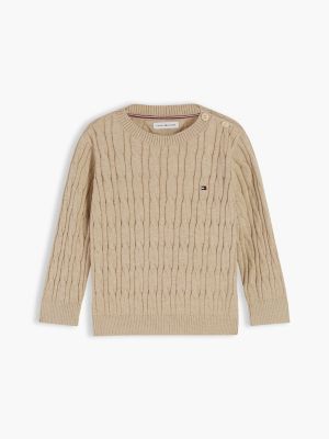 beige flag embroidery cable knit jumper for newborn tommy hilfiger