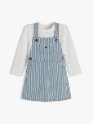 multi denim stripe dungaree dress and t-shirt set for newborn tommy hilfiger