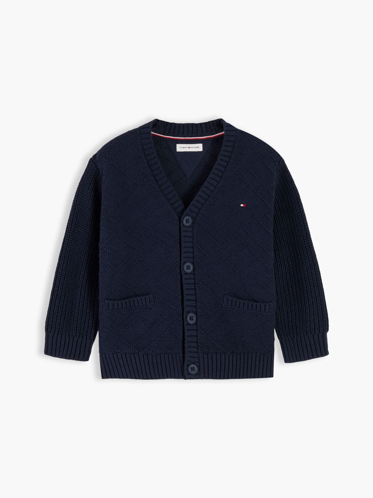 Intarsia Flag Relaxed V-Neck Cardigan — Blue