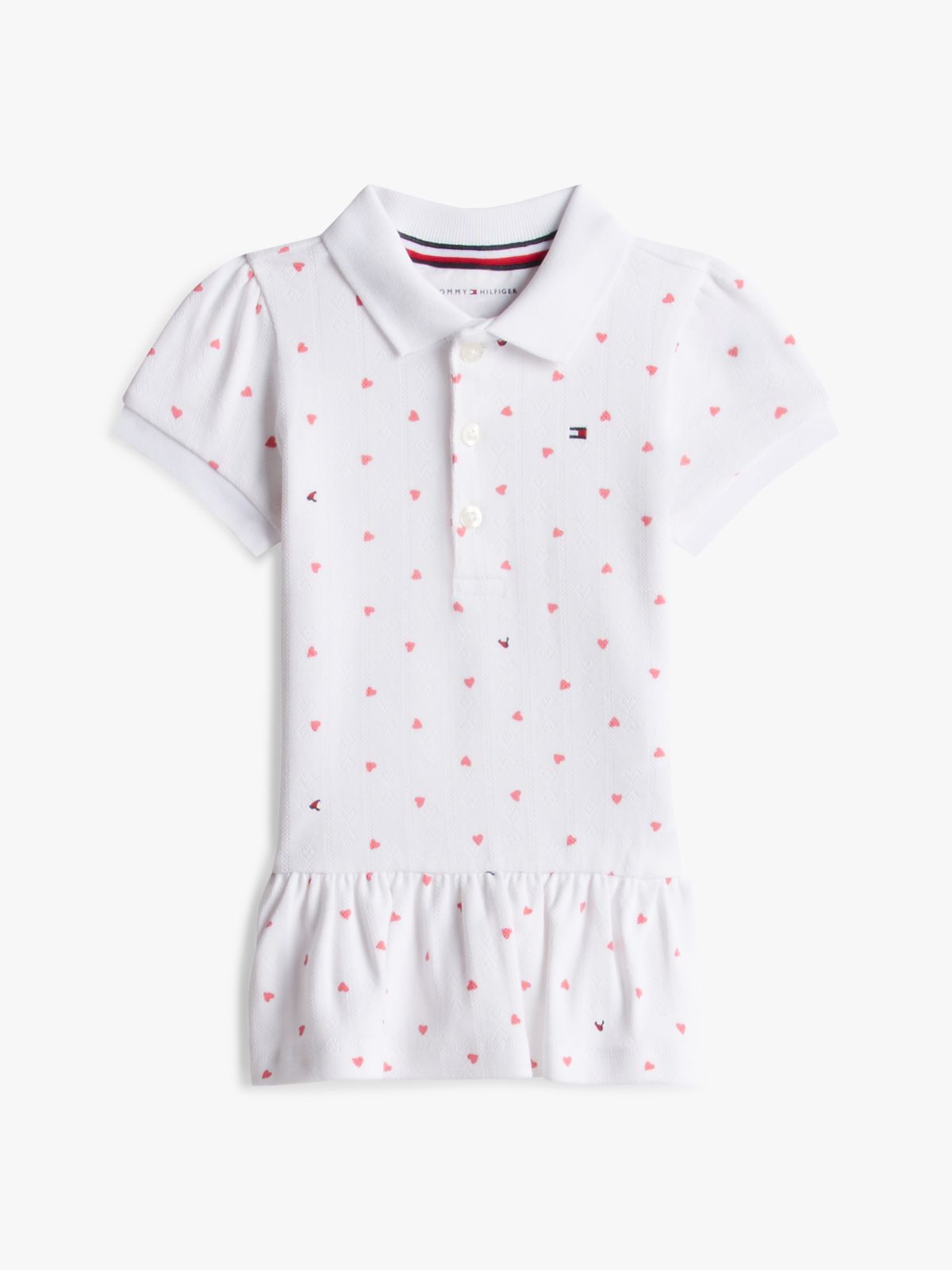 Heart Print Pointelle Polo Dress — White