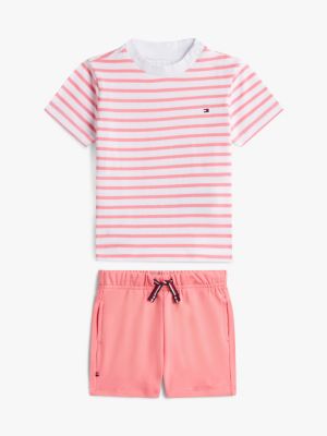 completo t-shirt e shorts essential a righe pink da neonato tommy hilfiger