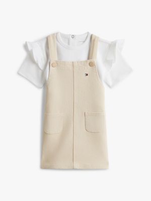 beige essential dungaree dress and t-shirt set for newborn tommy hilfiger