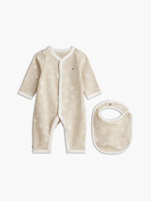 beige relaxed print sleepsuit and bib gift box for newborn tommy hilfiger