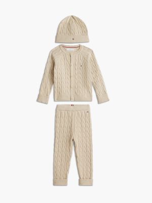 beige cable knit cardigan, trousers and beanie gift set for newborn tommy hilfiger