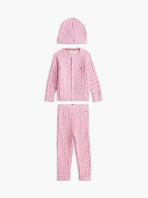 ensemble cadeau cardigan, pantalon et bonnet pink pour nouveau-né tommy hilfiger