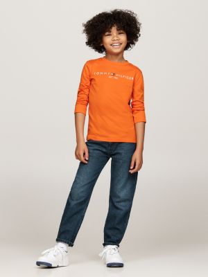 orange logo print long sleeve t-shirt for kids unisex tommy hilfiger